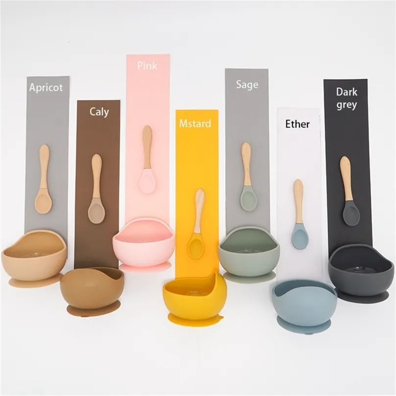 Kleuren Voeding Set Food Grade Silicone Baby Bowl Niet-Silpt Zuig Lepel Kinderen Servies BPA Gratis Servies DROPSHIP 211026