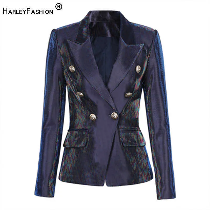 HARLEYFASHION brillant soie luxe Design bleu femmes tempérament à manches longues Double boutonnage texturé automne Blazer manteau X0721