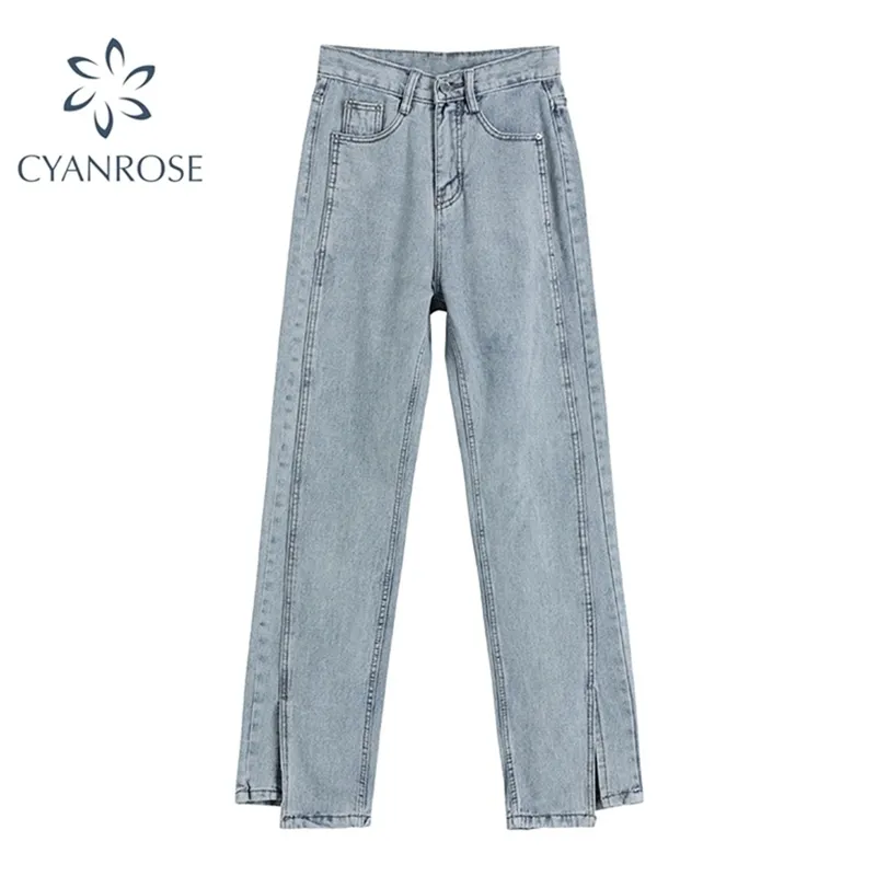 Hög midja jeans för kvinnor vintage långa denim byxor kvinnlig all-match Koreansk stil Casua solida raka byxor 210515