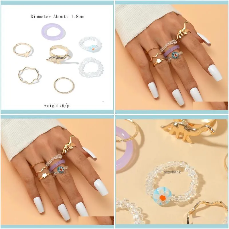 7 Pcs/Set Fashion Female Transparent Crystal Beads Purple Resin Gold Color Metal Dinosaur Star Rings Set Mix For Women Jewelry
