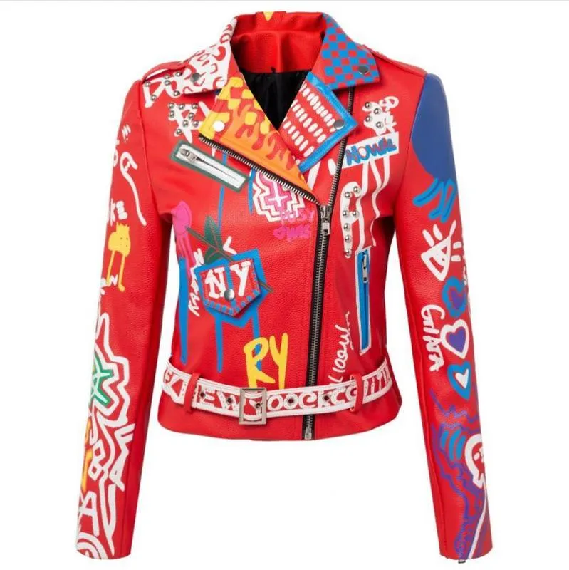 Colorful Graffiti Rivet Beading PU Leather Jacket For Women PUNK  