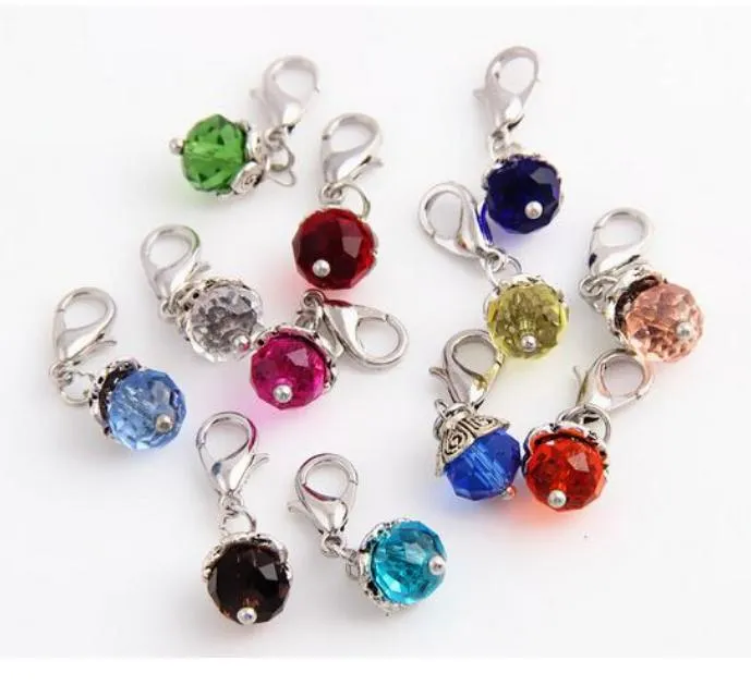 2021 20PCS/lot Mix Colors Crystal Birthstone Dangles Birthday Stone Pendant Charms Beads With Lobster Clasp Fit For Floating Locket