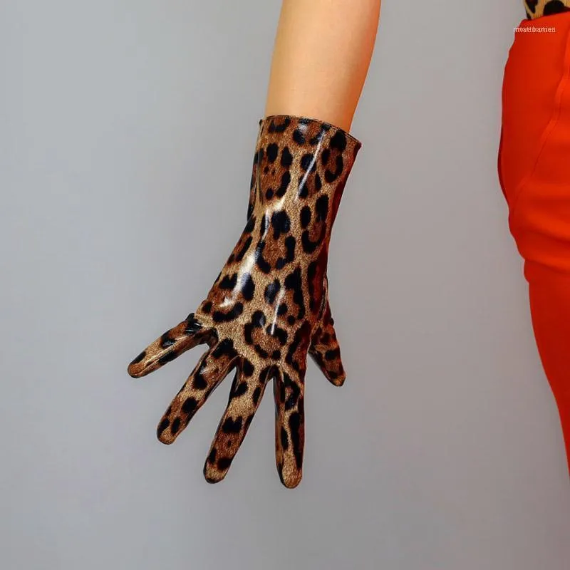 Kurze Handschuhe mit Leopardenmuster, 28 cm, weiblich, Kunstleder, heller Lack, für Damen, braun, schmale Hand, WPU2901