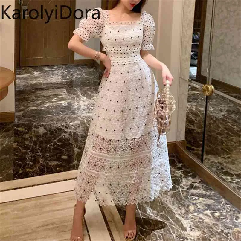 Wysokiej Jakości Summer Women Self Portret Dress Moda Runway Vintage Flare Rękaw White Lace Hollow Out Sexy Midi Vestidos 210520