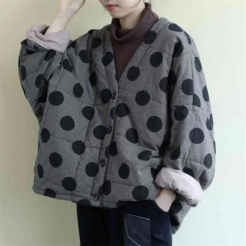 Johnature Women Polka Dot Parkas V-Neck Bat Ärm Varm Warm Coats Höstknapp Lös kvinnlig Kläder Casual 210910