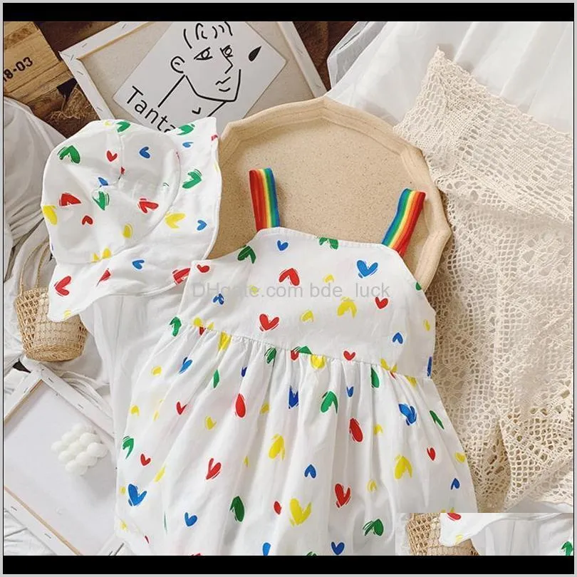 Toddler Baby Girls Dresses Children`s Rainbow Suspender Sleeveless Heart Print Bow Skirt Kids Princess Dress + Hat Set Girl`s