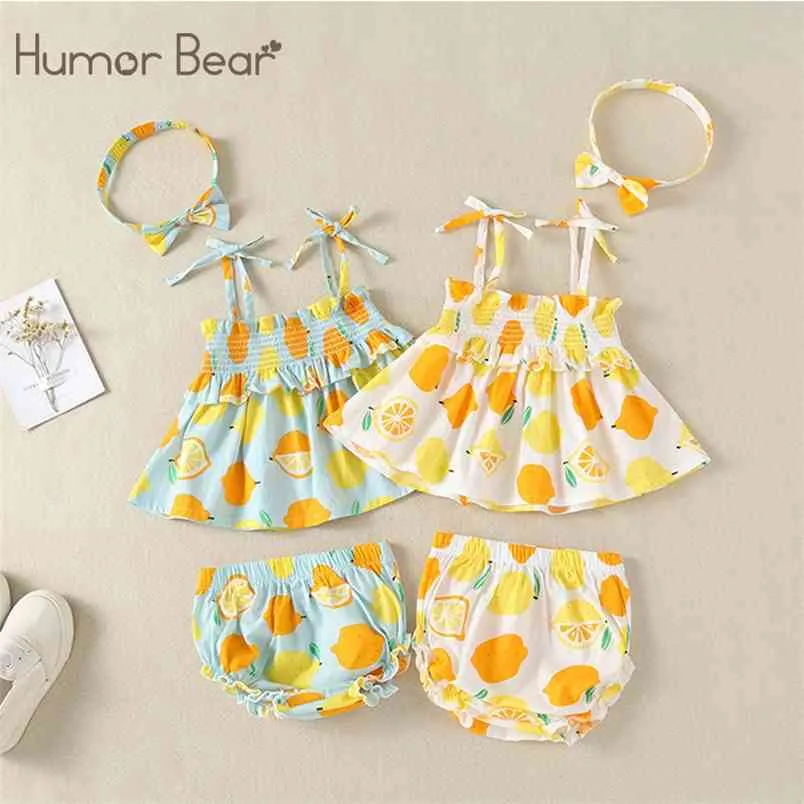 Zomer baby kleding merk mode schattige fruit jurk + slips + hoofd touw toddlergirls kleding 210611