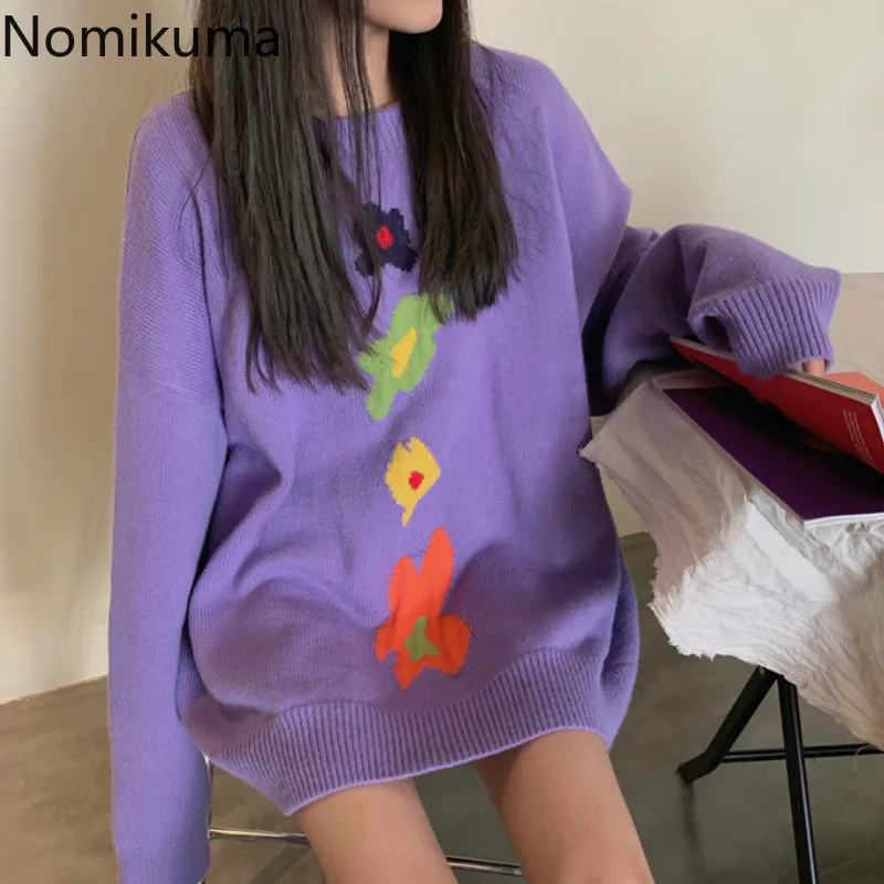 Nomikuma Flower Pattern O Neck Långärmad Pullover Jumpers Casual Lount Stickad Sweater Kvinnor Höst Ytterkläder Toppar 3C546 210514