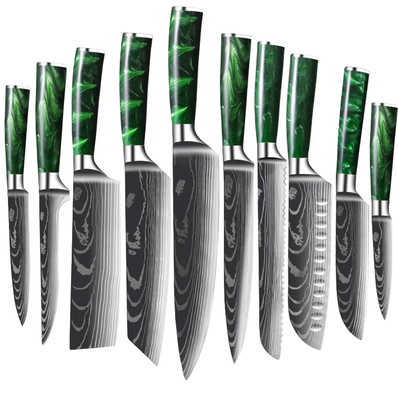 Chef-kok mes set laser damascus patroon scherpe keukenmessen kookgereedschap roestvrij stalen santoku cleaver snijdende utility groene hars handgreep