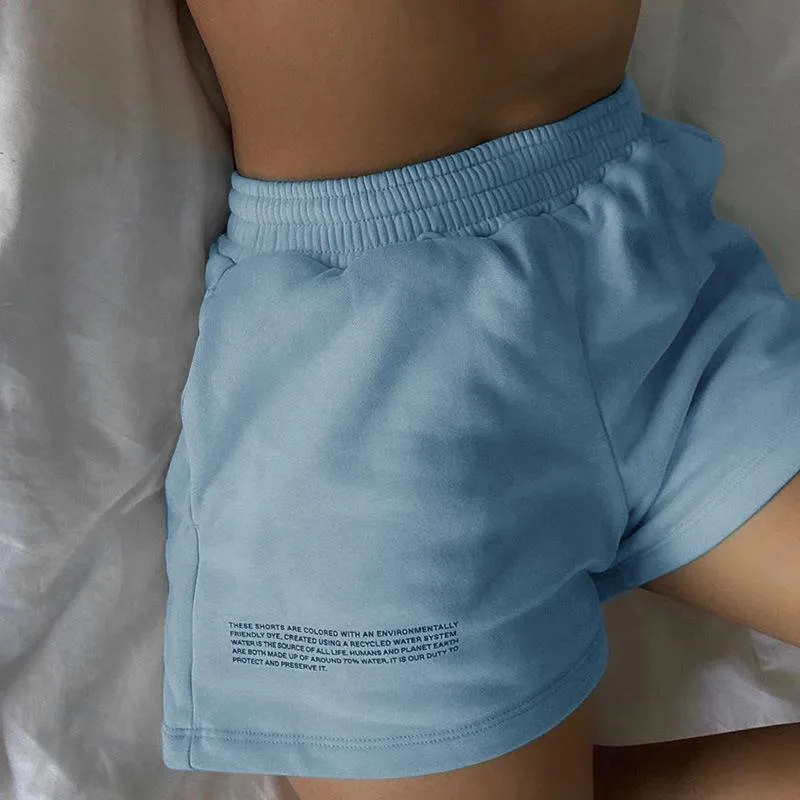 Kvinnors shorts beyouare sommar kvinnor elastisk hög midja blå engelska brev tryck lös solid lady casual streetwear rörelse