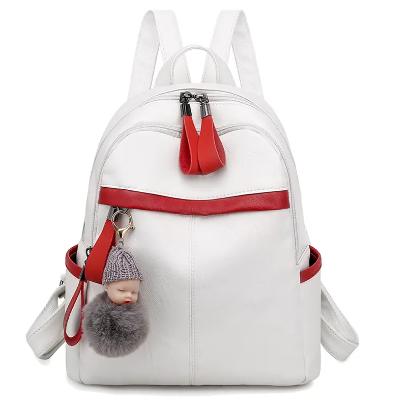 Women Backpack Soft Pu Leather School Bag Leisure Travel Headphone Plug Fashion Designer Cute Doll Plush Pendant White