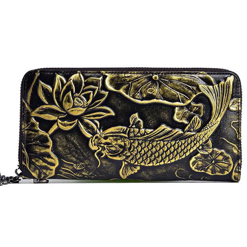 Levande fisk plånbok för kvinnor lång äkta läder plånbok mode multikort hållare handväska kvinnlig stor kapacitet telefon koppling