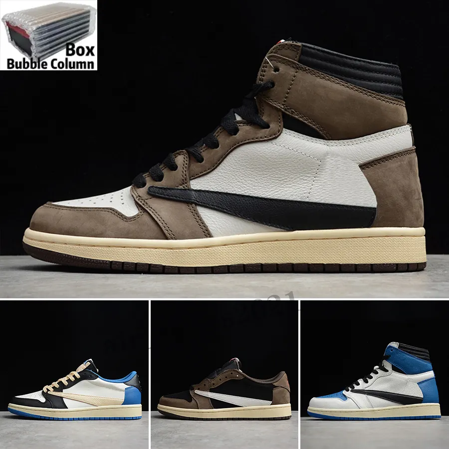 Travis Scott x Fragment Design x Air Jordan 1 Low 1 High OG SP Basquete Sapatos Militares Azul Sapato Moda Homens Mulheres Treinadores Esportes Sneakers EUR 36-46