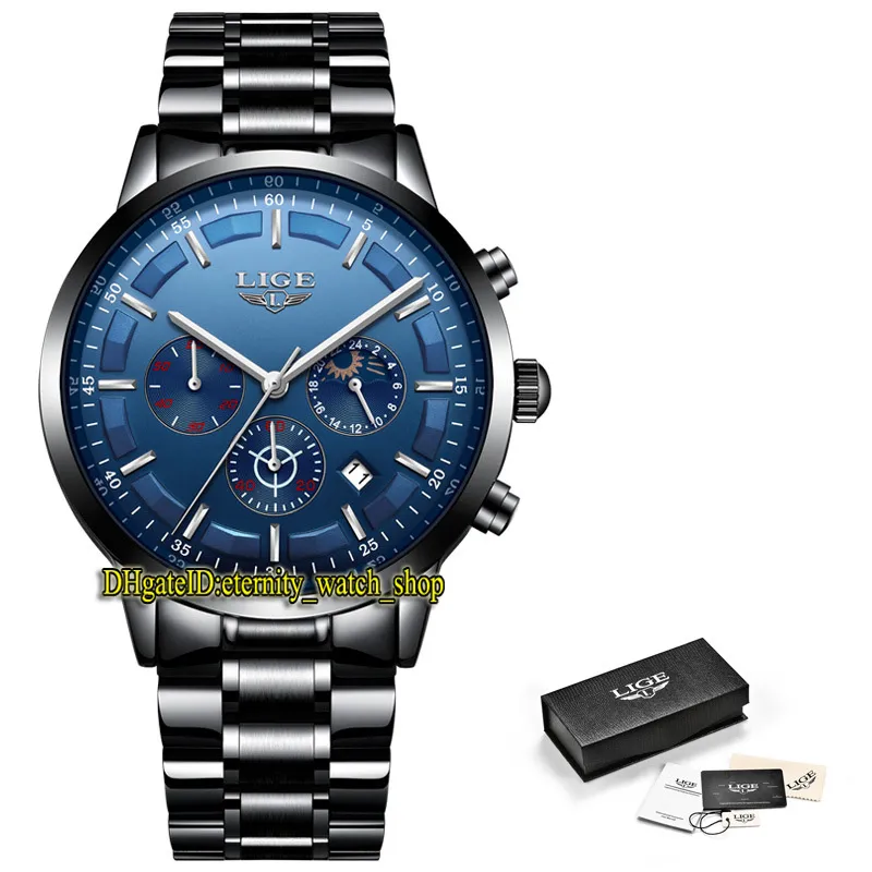 LIGE Eternity LG9877 Sport Męskie Zegarki Data Srebrzysty Wskaźnik Niebieski Dial Japonia VK Kwarcowy Chronograf Ruch Mężczyźni Zegarek Czarny Steel Case Bransoletka