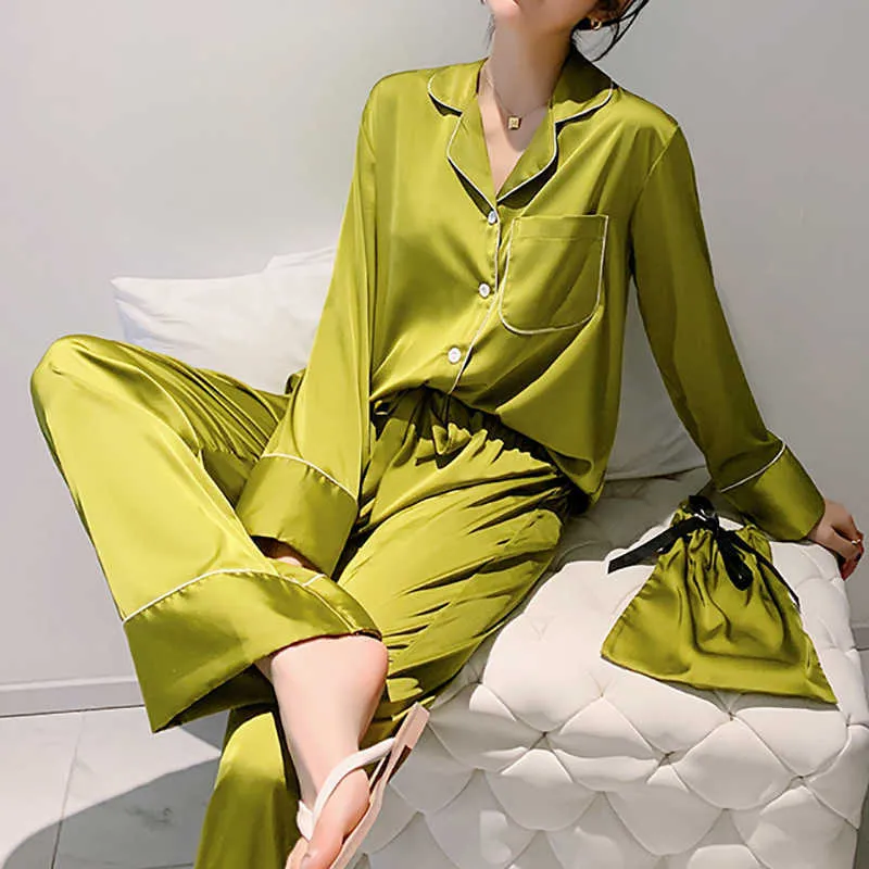 Lapel PJS Sets Women Pajamas Satin Nightwear Button-Down Sexy Home Clothes 2PCS Shirt&Pants Suit Summer Comfy Lingerie Pyjamas Q0706