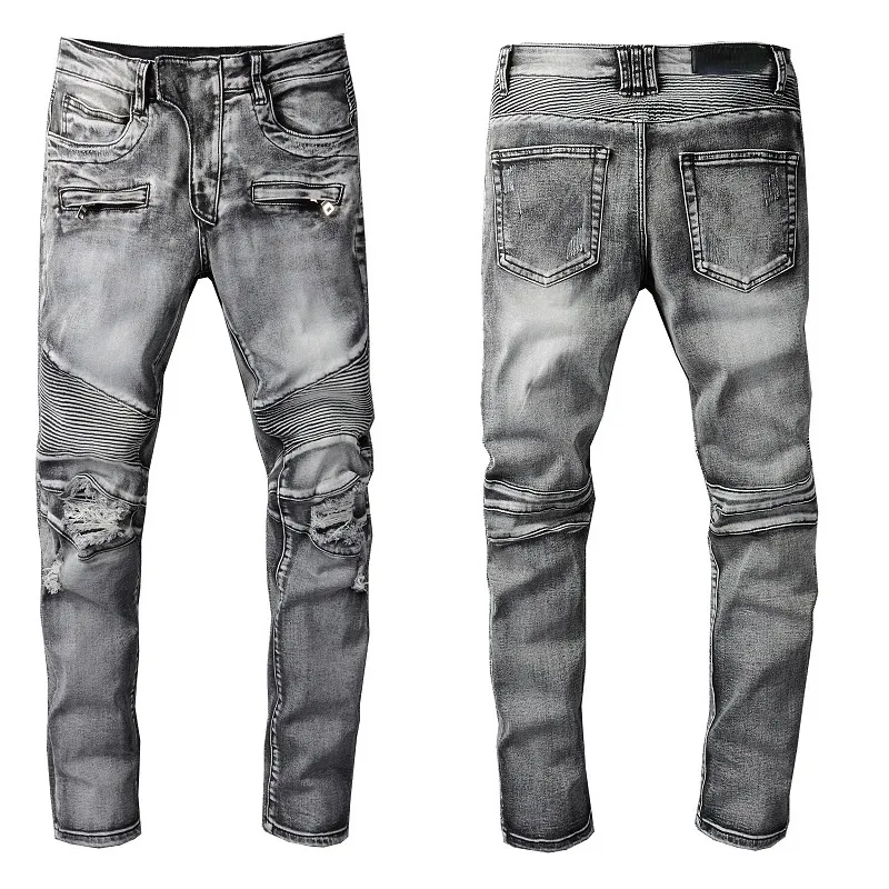Lange, schmale Jeans für Herren, gestreift, zerrissen, Löcher, hochwertige Designer-Hose in verwaschenem Grau, Demin-Hose, Streetwear-Jeanshose