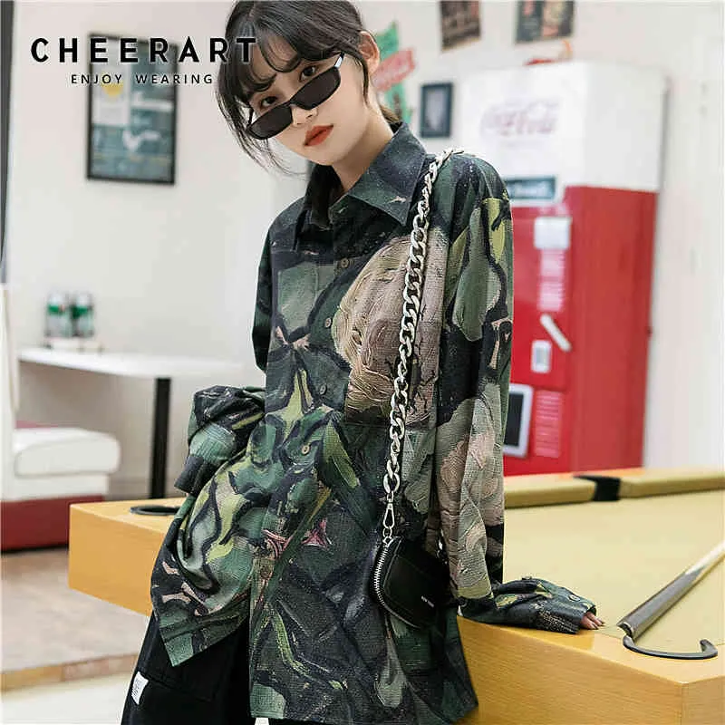 Vintage Painting Green Long Sleeve Blouse Women Button Up Loose Shirt Floral Print Fashion Top Fall Clothes 210427