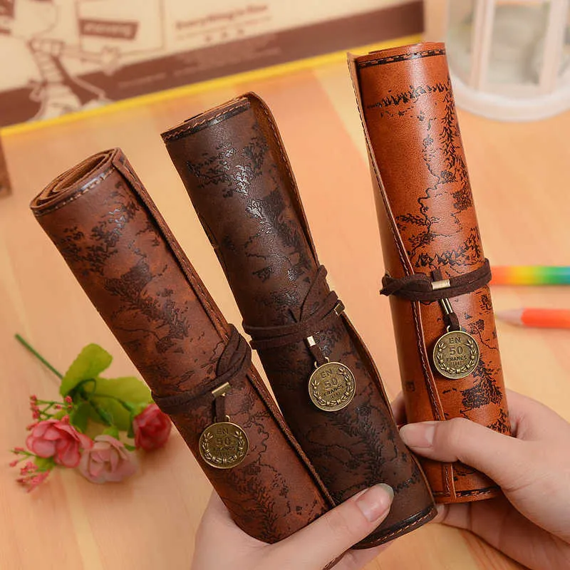 Vintage Retro Treasure Map Pencil Cases Luxury Roll Leather PU Pen Bag Pouch For Stationery School Supplies Make Up Cosmetic Bag Y0817
