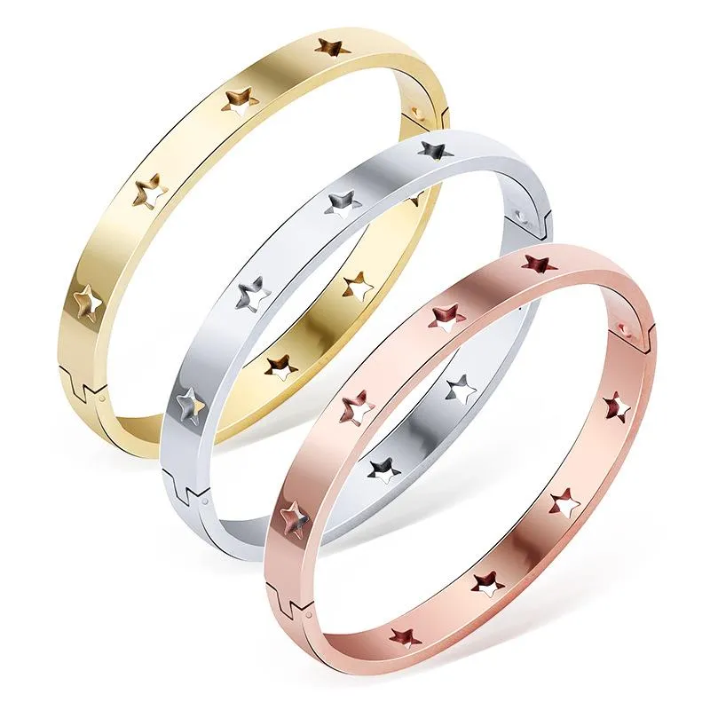 Mode Edelstahl Gold Armreifen Für Frauen Surround Hohl Fünfzackigen Stern Armbänder Klassische Schmuck Tropfen Armreif