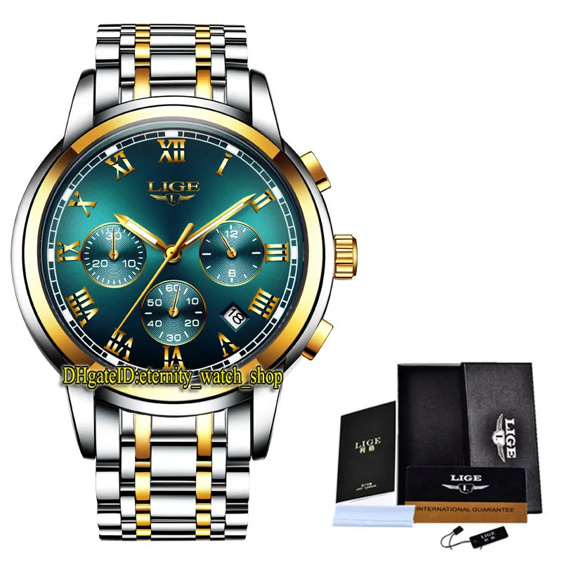 LIGE eternity 9810 Sport Mens Watches Date Green Dial Japan VK Quartz Chronograph Movement Men Watch Steel Case Gold Bezel Two Tone Stainless Bracelet