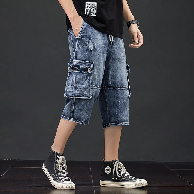 Mens Denim Cargo Jeans With Side Pockets And Destroyed Calf Pants