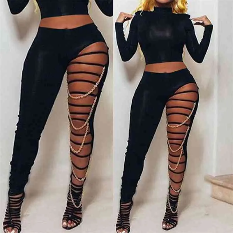 Omsj Est Sexy High Waist Ripped Legginsy Kobiety Czarne Szczupły Otwory Spodnie z Gold Chain Pencil Spodnie Casual Fashion Odzież 210517