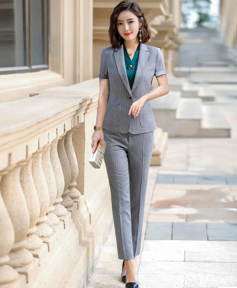 Costumes pantalons formels d'été pour femmes affaires Blazer et veste ensembles dames vêtements de travail vêtements à manches courtes gris femmes deux pièces pantalon