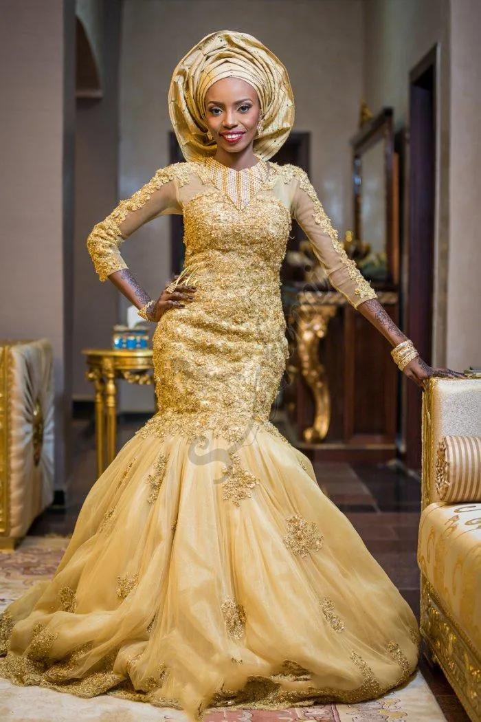 Vestido de Noiva Guld Bröllopsklänning Plus Storlek Beaded Nigerian Bridal Gown Mermaid Lace Appliques Brudklänningar med långärmad