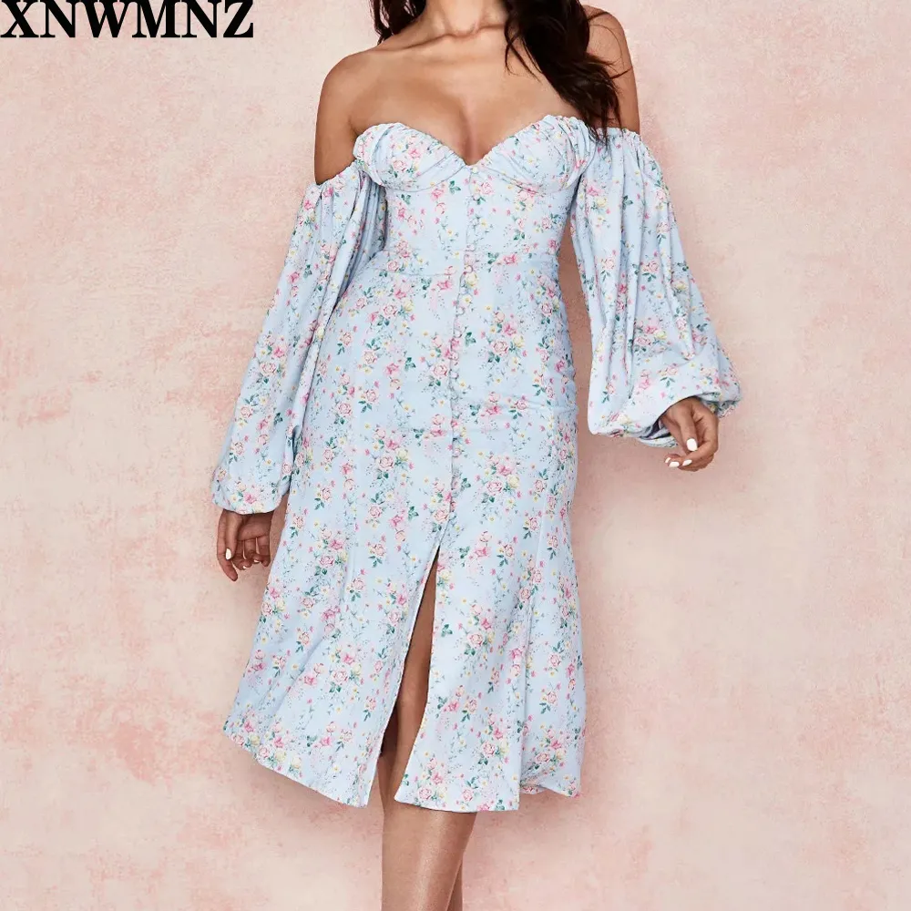 Za Mulheres Outono Floral Impressão Vestido Vintage Sexy Slow Sleeve Mid-bezerro Vestido Mulheres Sundress Casual Bohemian Beach Vestidos 210320