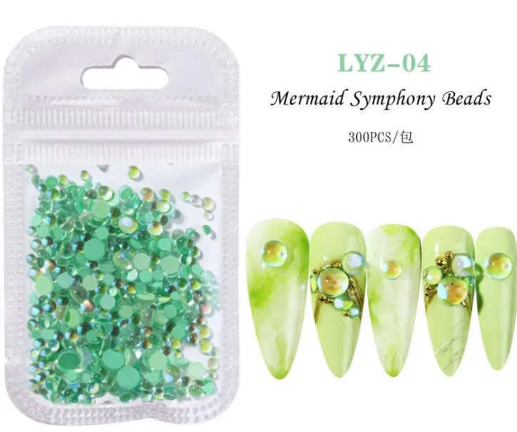 Kvalitet Sommar Grön Nail Art Decorations 300pcs Flatback Pärlor Aurora Rhinestone för naglar Mix Size Mermaid Symphony Iridescent Gems Pearl Stones