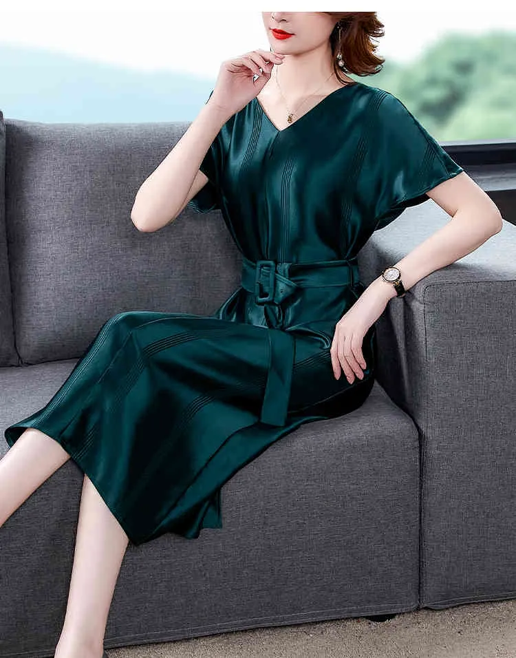 Elegant Korean Silk Satin Green Satin Dress For Women High