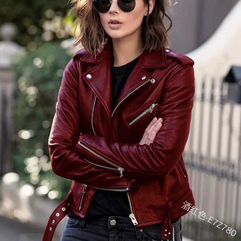 Blue Lozenge Leather Jacket For Women Rivet Punk Moto Coat Faux