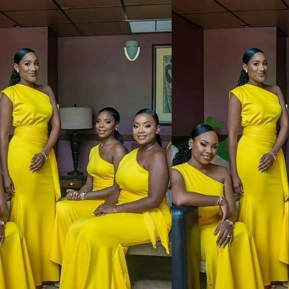 2021 African Bright Yellow Bridesmaids Dresses One Shoulder Cap Sleeves  Sheath Elastic Satin Sashes Formal Plus Size Maid Of Honors Mermaid Wedding  Guest Gowns From Yes_mrs, $173.83