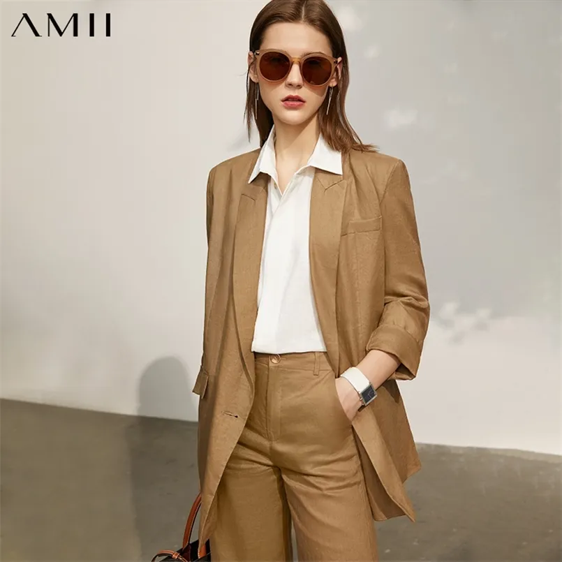 AMII Minimalisme Zomer Mode Dames Pak Jas Offical Lady 100% Linnen Massief Blazer Vrouwen Causale Losse Dames Broek 12140237 211007