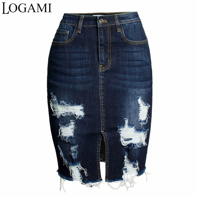 Logami Yırtık Bodycon Denim Etekler Bayan Seksi Midi Kalem Bayanlar Wrap Jeans 210708