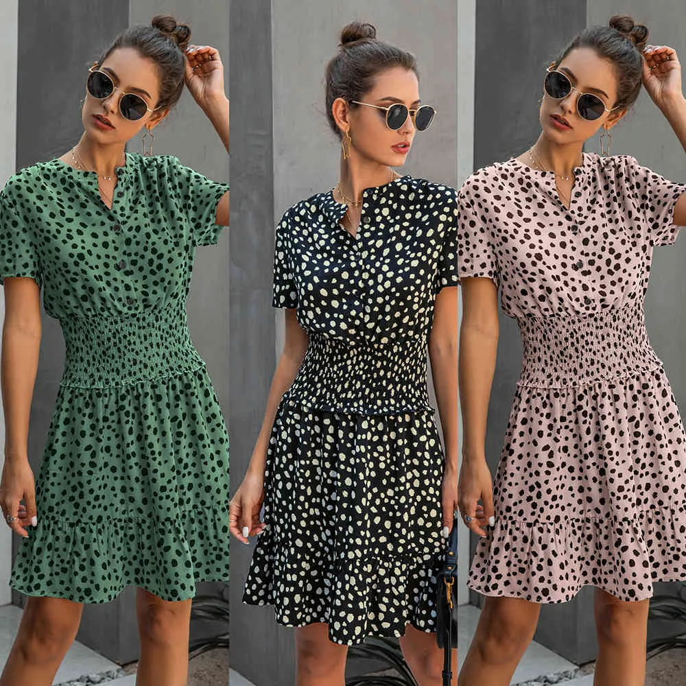 Kleid Frauen Leopard Casual Schwarz Sommer Rüschen Mini Kleider Tasten Damen Lila Taille Ausgestattet Kleidung 2020 Frauen Kleidung X0521