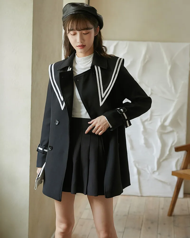Navy Blue Trench Coat Womens Double Breasted Sailor Collar