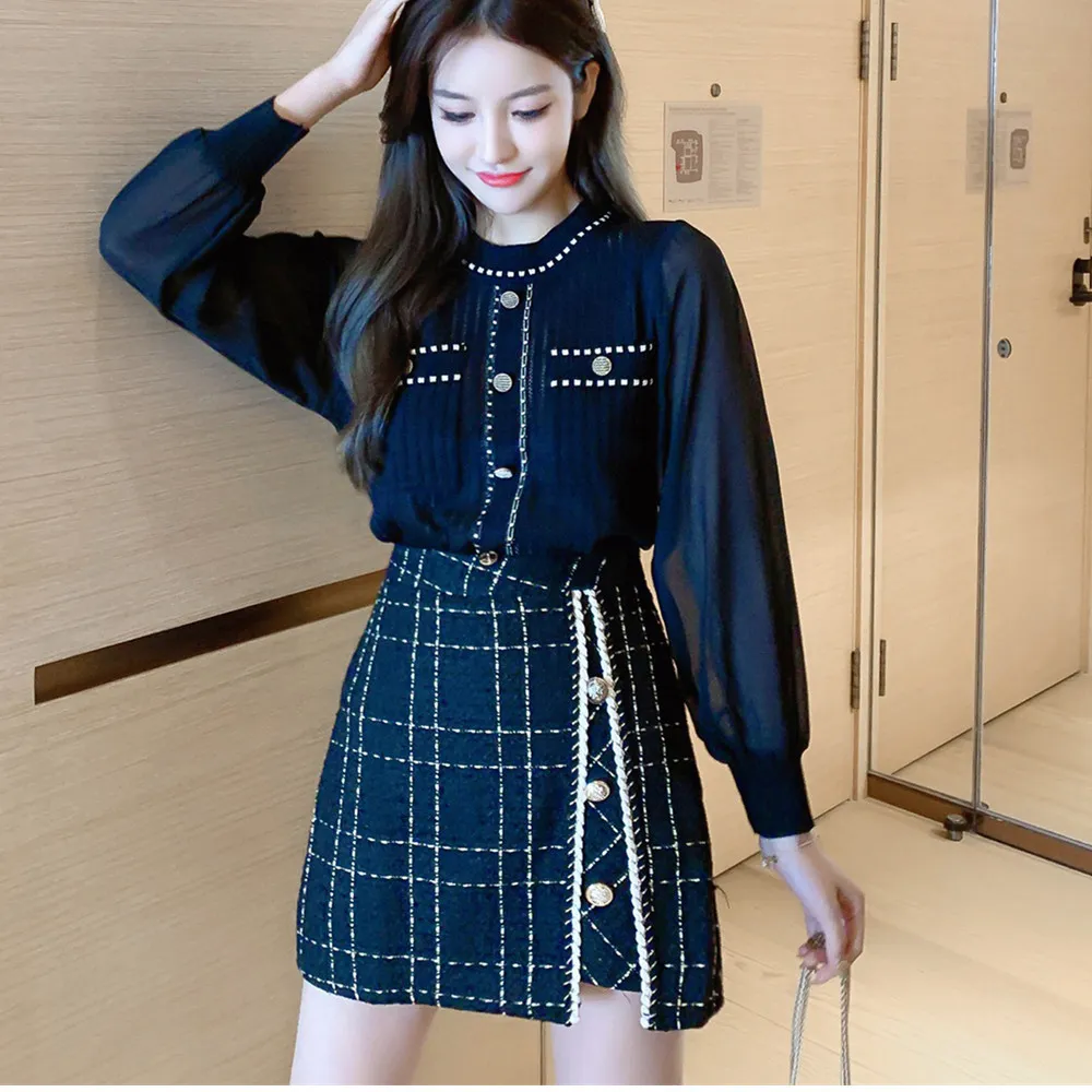 Casual Mode 2 Stks Dames Set Chiffon Patchwork Lange Mouw Knit Top + Hoge Taille Tweed Wol Plaid Skirt Suit 210520