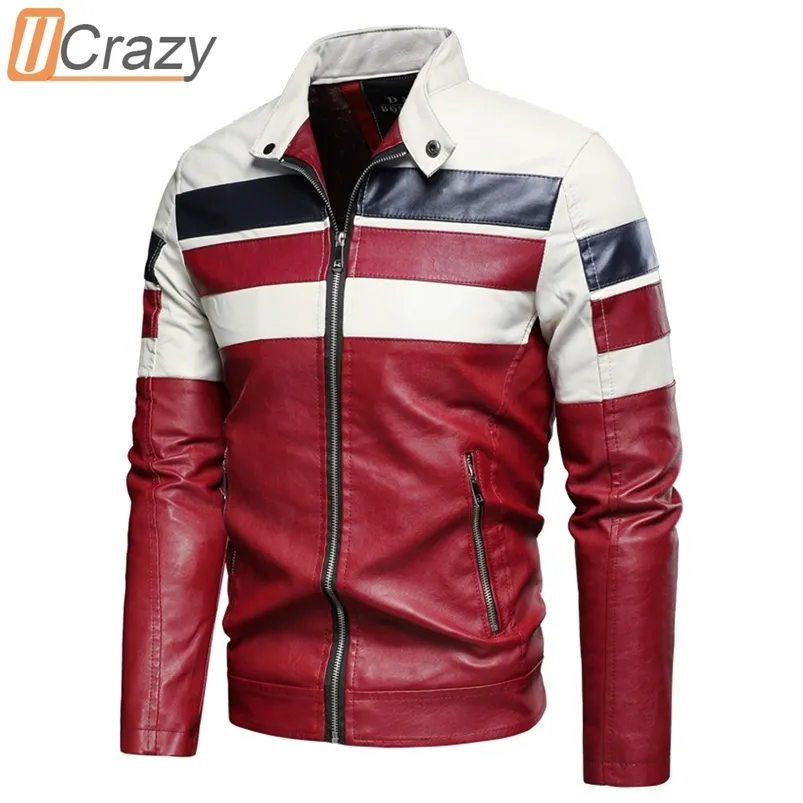 Ucrazy Men Höst Casual Vintage Motor Spliced ​​Leather Jacket Coat Män Vinter Mode Biker Varma Läder Jackor Coat Män 211111