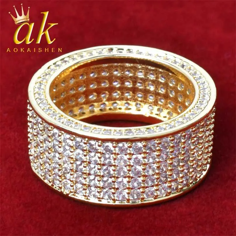 5 Row CZ Men's Ring 18 K Copper Charm Gold Color Cubic Zircon Iced RING Fashion Hip Hop Jewelry 211217