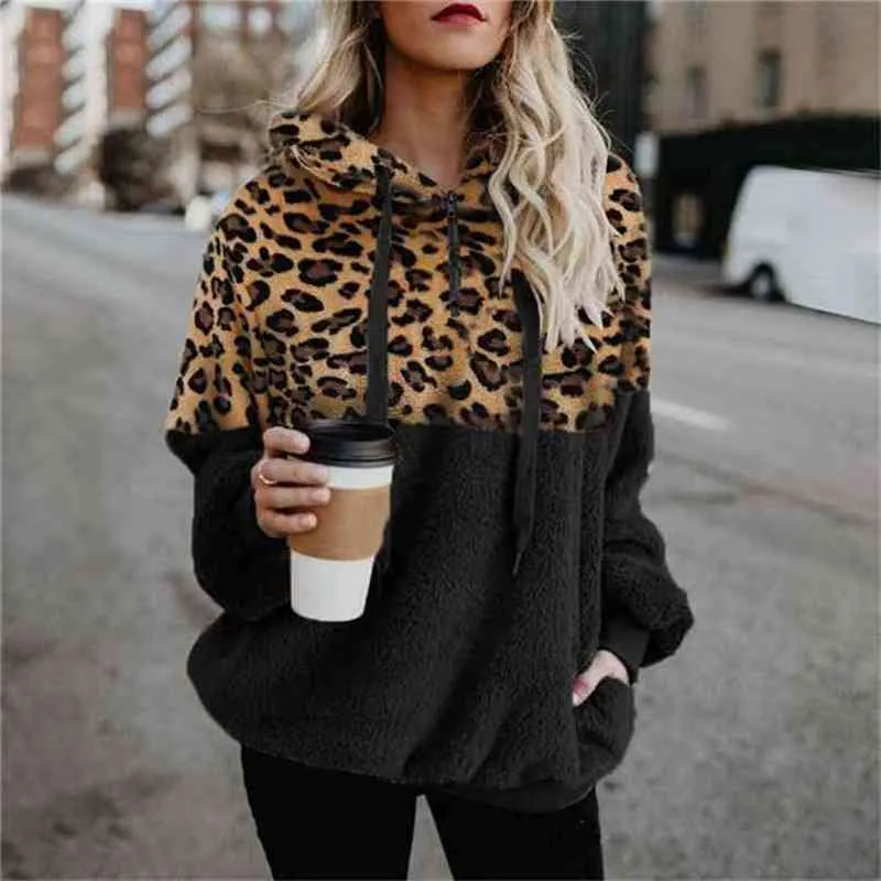 Casual Loose Plush Leopard Patchwork Hoodies Kvinnor Zipper Toppar Långärmad Drawstring Hooded Warm Sweatshirt med fickor Höst 210805