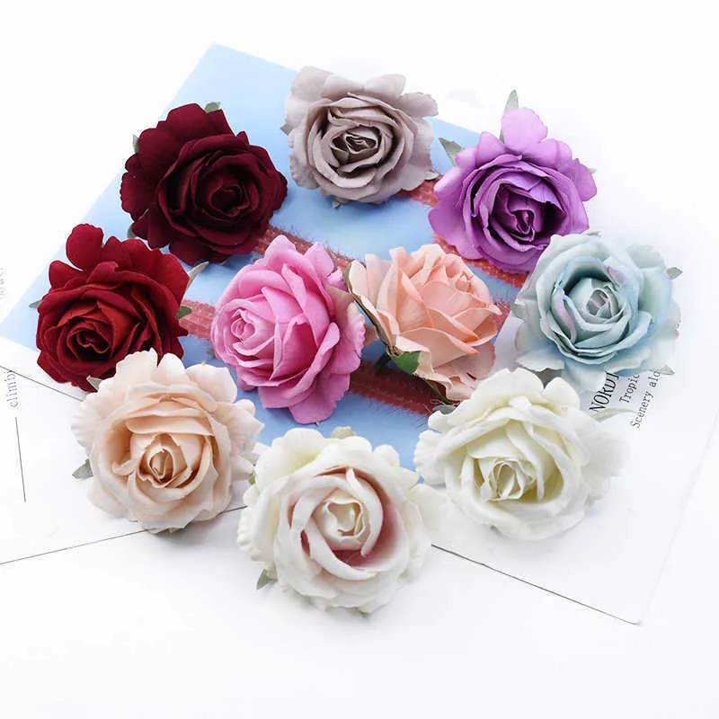 10 Pieces 6cm rose head artificial flowers home decoration accessories scrapbooking candy box brooch wedding bridal accessories Y0630