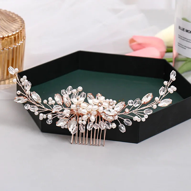 Fabulous Rose Gold Wedding Headpieces Hair Comb Flower Tiara Handmade Pearl Rhinestone Headdress Prom Bridal Women Jewelry Accesso243q