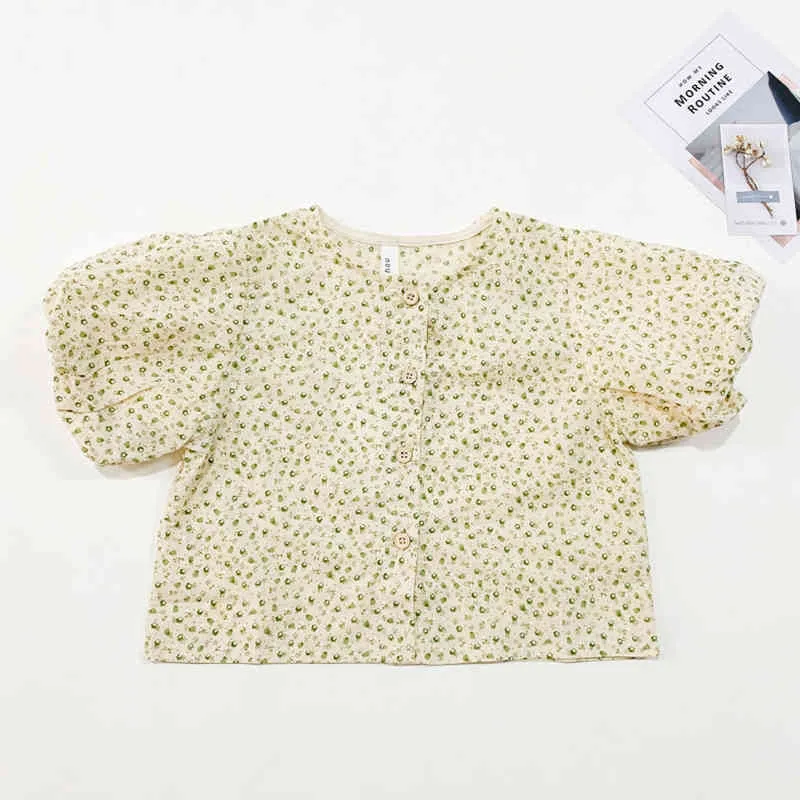 Puff Sleeve Girls Shirt Casual Top Fashion Flower Print Kids Clothes Summer Cute Blouse 1-5Y 210515