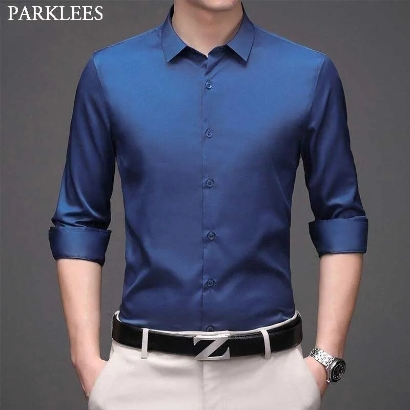 ロイヤルブルーメンズドレスシャツ品質スリムフィットのためのソフトウェアのシャツウェディングビジネスフォーマルシャツ男性の化学数4xl 210522