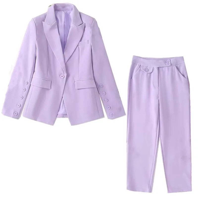 Autumn Vintage Lavender Back Slit Women Blazer CHIC High Waist Small Straight Pants Long Sleeve Suits 2 Pieces Set Coat 210429