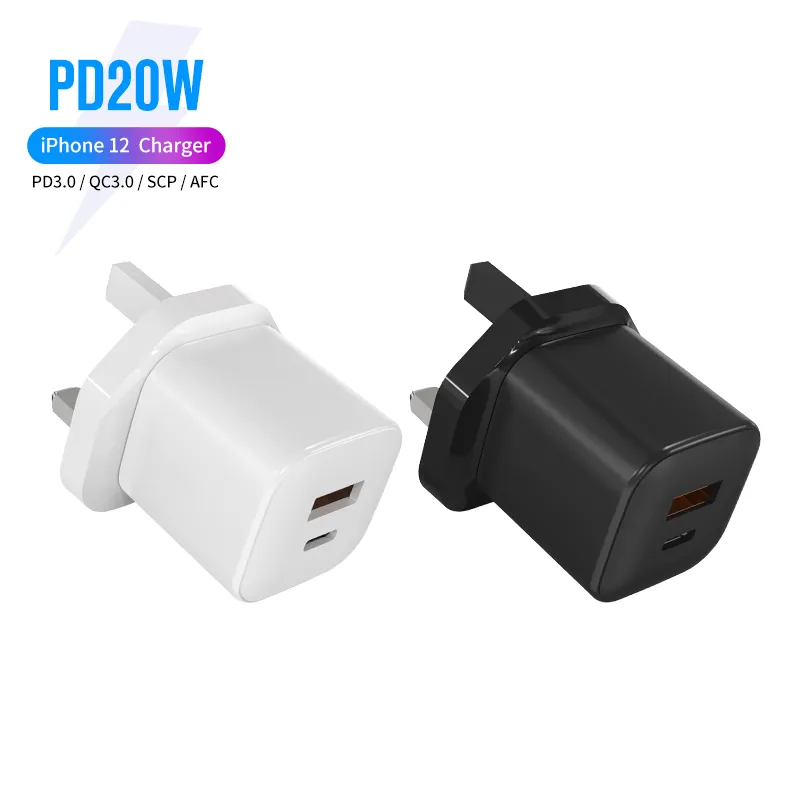 20W USB-C Chargeurs rapides 18W USB-A Quicking Charge Adaptateur de voyage double port Prise britannique avec certificat CB