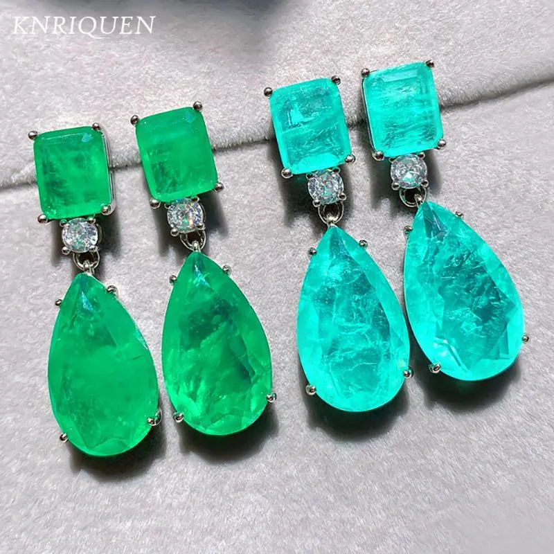 Baumeln Kronleuchter 2021 Trend 925 Sterling Silber Paraiba Turmalin Smaragd Edelstein Große Tropfen Ohrringe Für Frauen Cocktail Party Feines Juwel