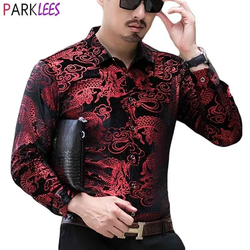 Luxe Chinese Dragon Bronzing Fluwelen Shirt Mannen Merk Slanke Fit Lange Mouw Mens Jurk Shirts Velor Casual Camisas 3XL 210522