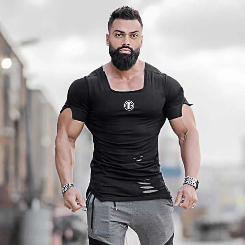 Cotton Men's T shirt Vintage Ripped Hole T-shirt Fashion Casual Top Tee Hip Hop Activewears Fitness Tshirt Male 210629